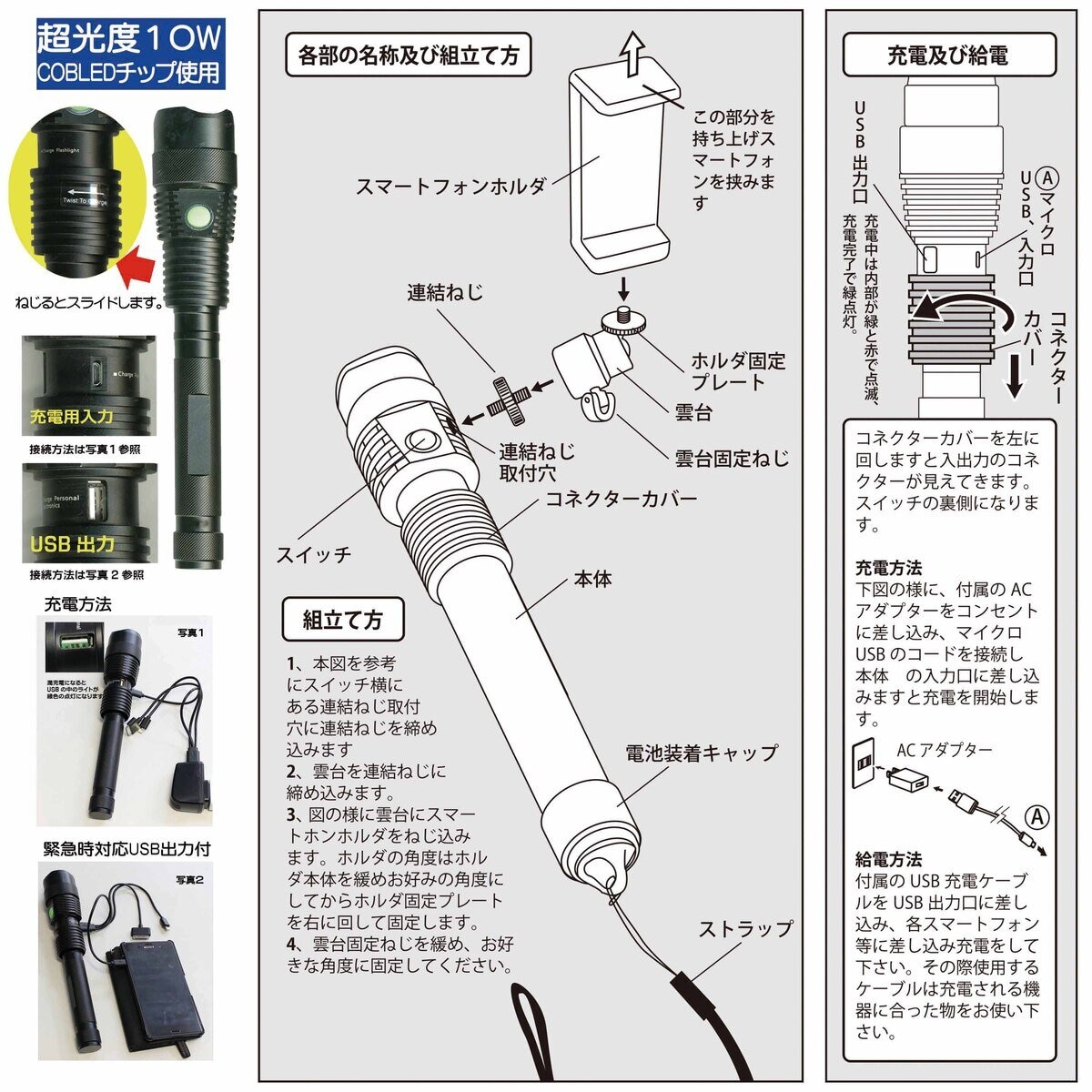 tollight PRO 充電式懐中電灯 800ルーメン / 1280P×720P カメラ付属 ULT501-CA1