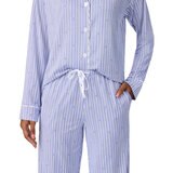 DKNY レディース ノッチカラー長袖パジャマ ライトブルーストライプ S