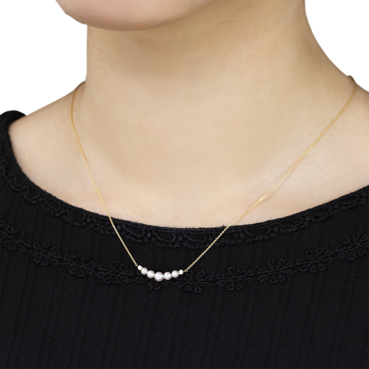 あこやパール 18K イエローゴールド パール 5点 ＆ ダイヤモンド 0.04カラット ネックレス