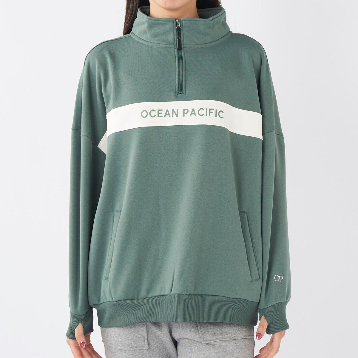 オーシャンパシフィック レディース ハーフジップ スウェットシャツ カーキ M