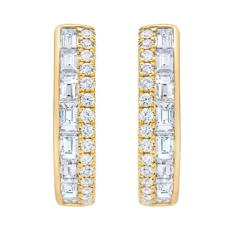 14K Yellow Gold 0.80CT Round / Baguette Diamond Hoop Earrings