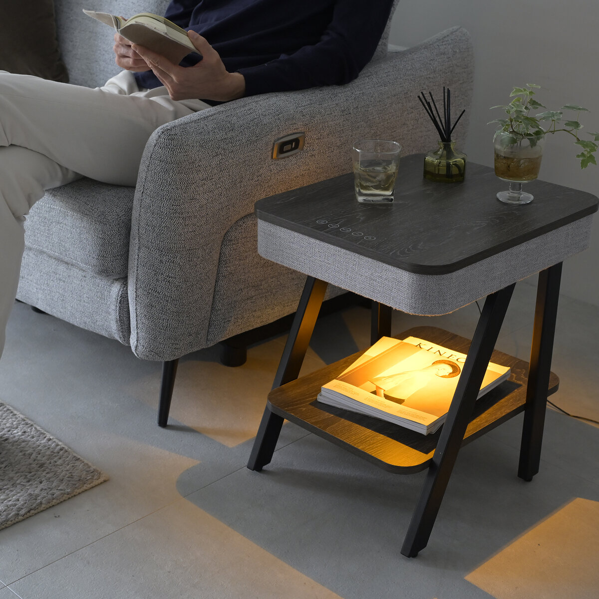 YAMAZEN スピーカー付きサイドテーブル グレー