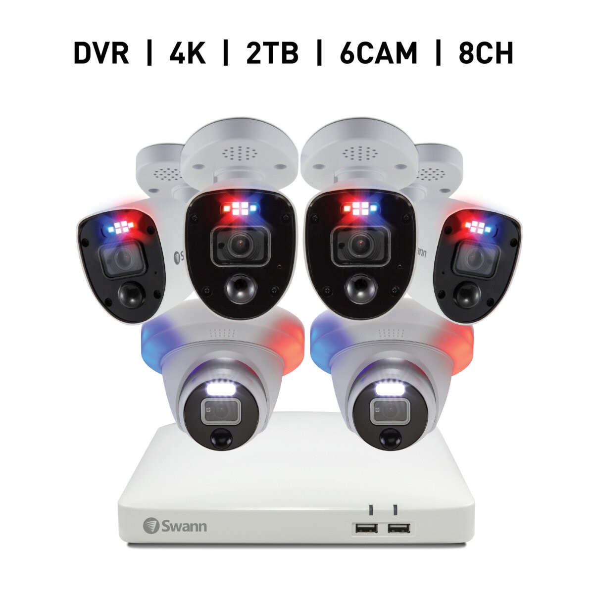 Swann（スワン）8CH 4K DVRシステム 2TB Enforcer バレット型 カメラ4台&ドーム型 カメラ2台 計6台セット