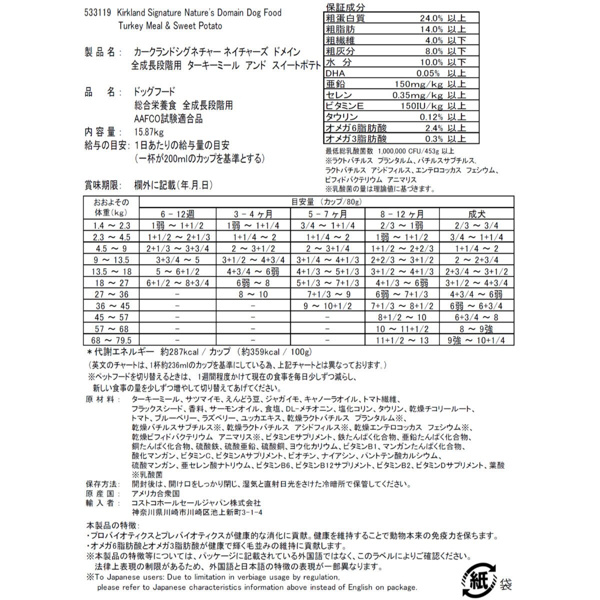 カークランドシグネチャー 成犬・子犬用 15kg