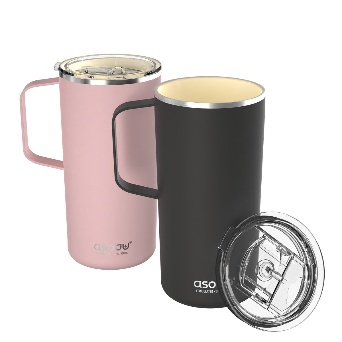 Asobu タワーマグ ステンレス真空断熱コーヒーマグ 600ml フタ付 2個セット ピンク/ブラック