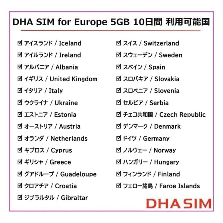 DHA SIM ヨーロッパ 42カ国対応/5GB/10日/DHA-SIM-063