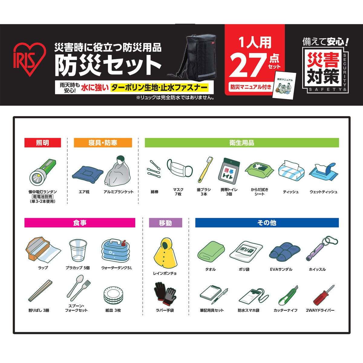 アイリスオーヤマ 防災リュックセット 1人用 27点 BS1-27
