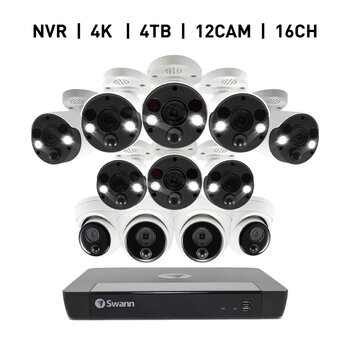 Swann（スワン）16CH 4K NVRシステム 4TB 4K バレットカメラ8台＆ドームカメラ4台 計12台セット