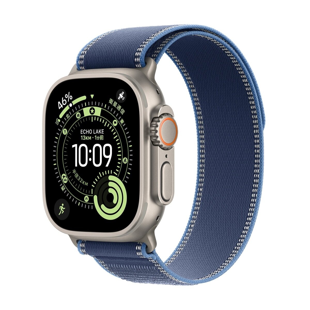 Apple Watch Ultra 3 Cellular 49mmナチュラルチタニウムケースとブルー/ブライトブルートレイルループ - M/L