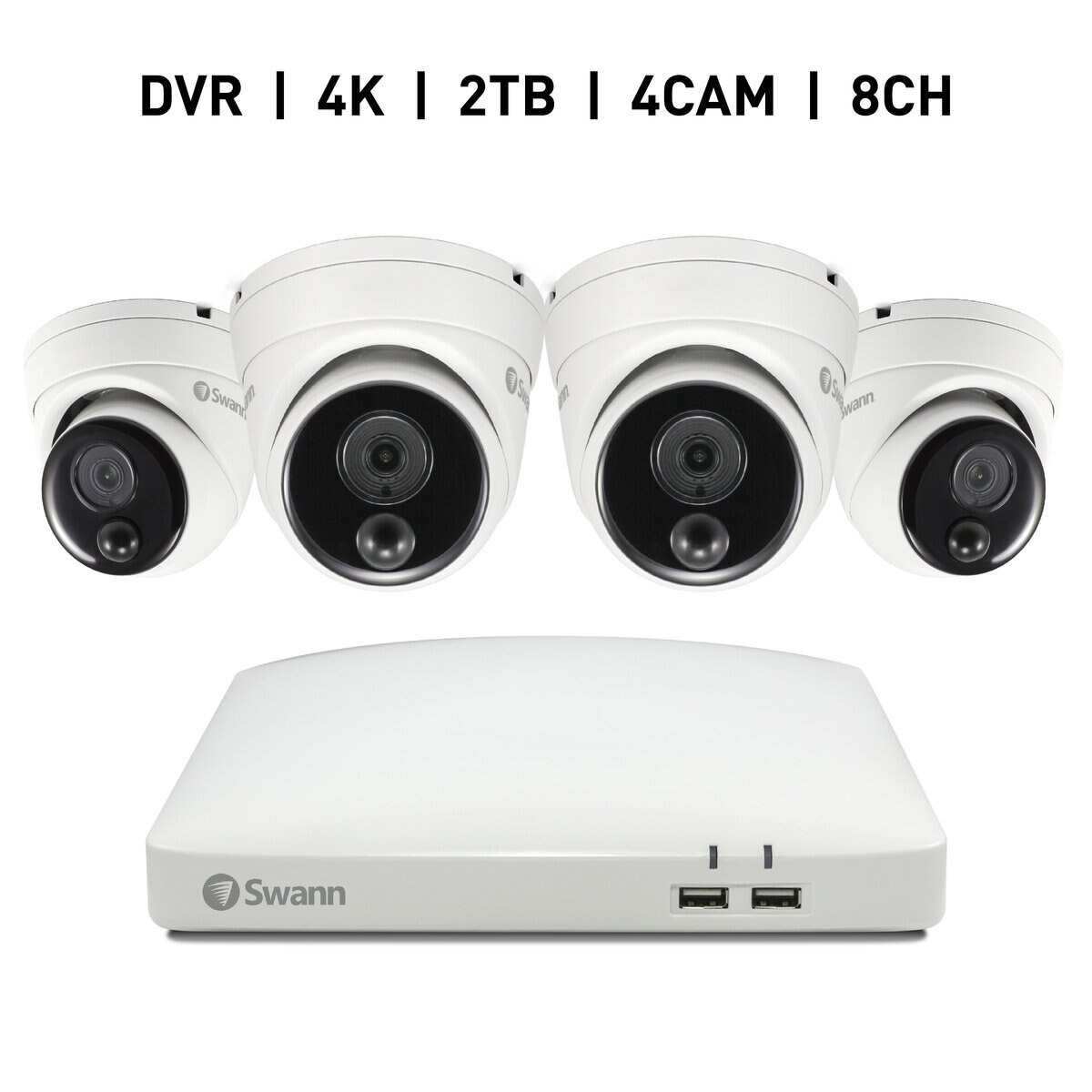 Swann 8CH 4K DVRシステム 2TB 警告ライト ドーム型 カメラ4台