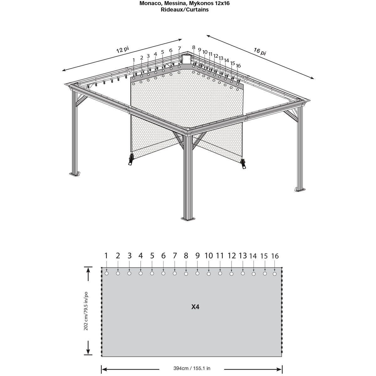 ソジャグ ガゼボカーテン 12ft x 16ft （3.6 x 4.8m）用