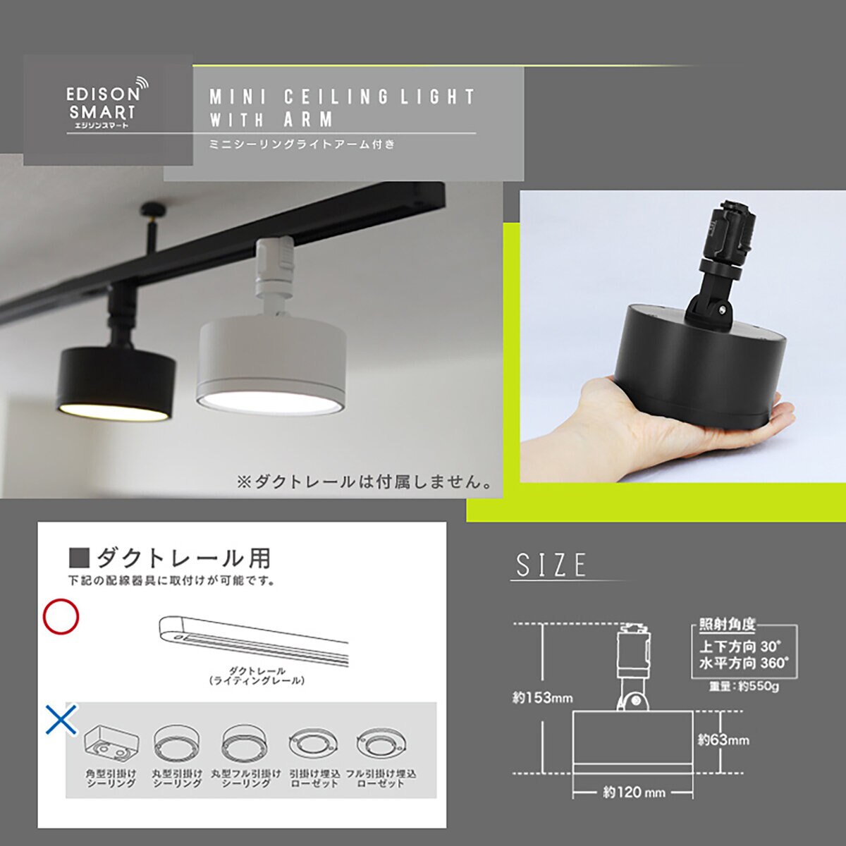 Edison Smart（エジソンスマート）ミニシーリングライト ダクトレール用 アーム付き ブラック RST-TL143LBK