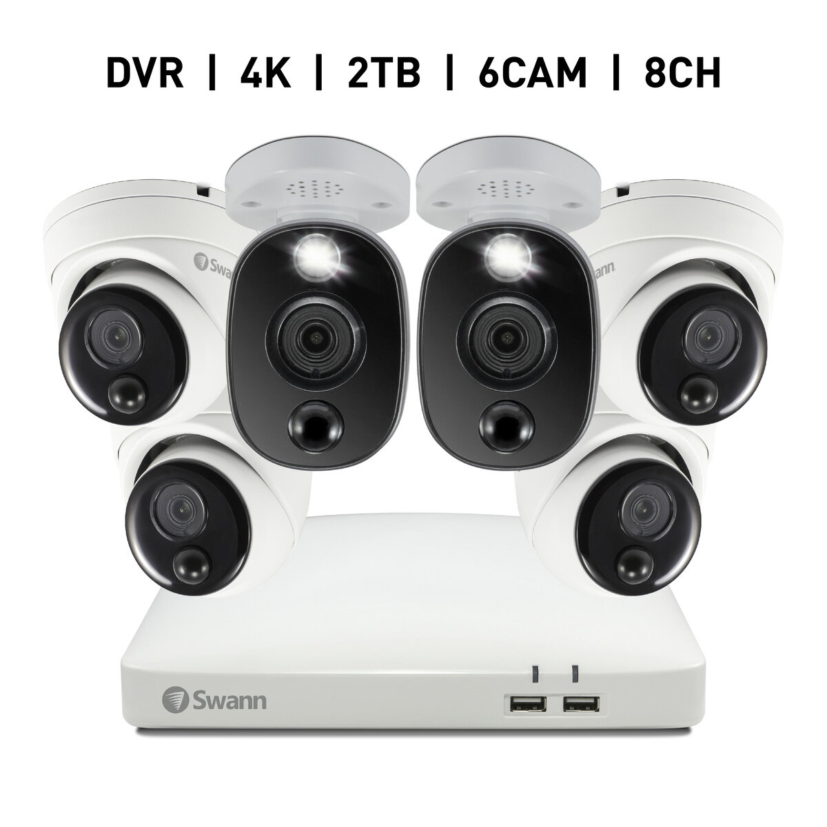 Swann（スワン）8CH 4K DVRシステム 2TB 警告ライト バレット型 カメラ2台&ドーム型 カメラ4台