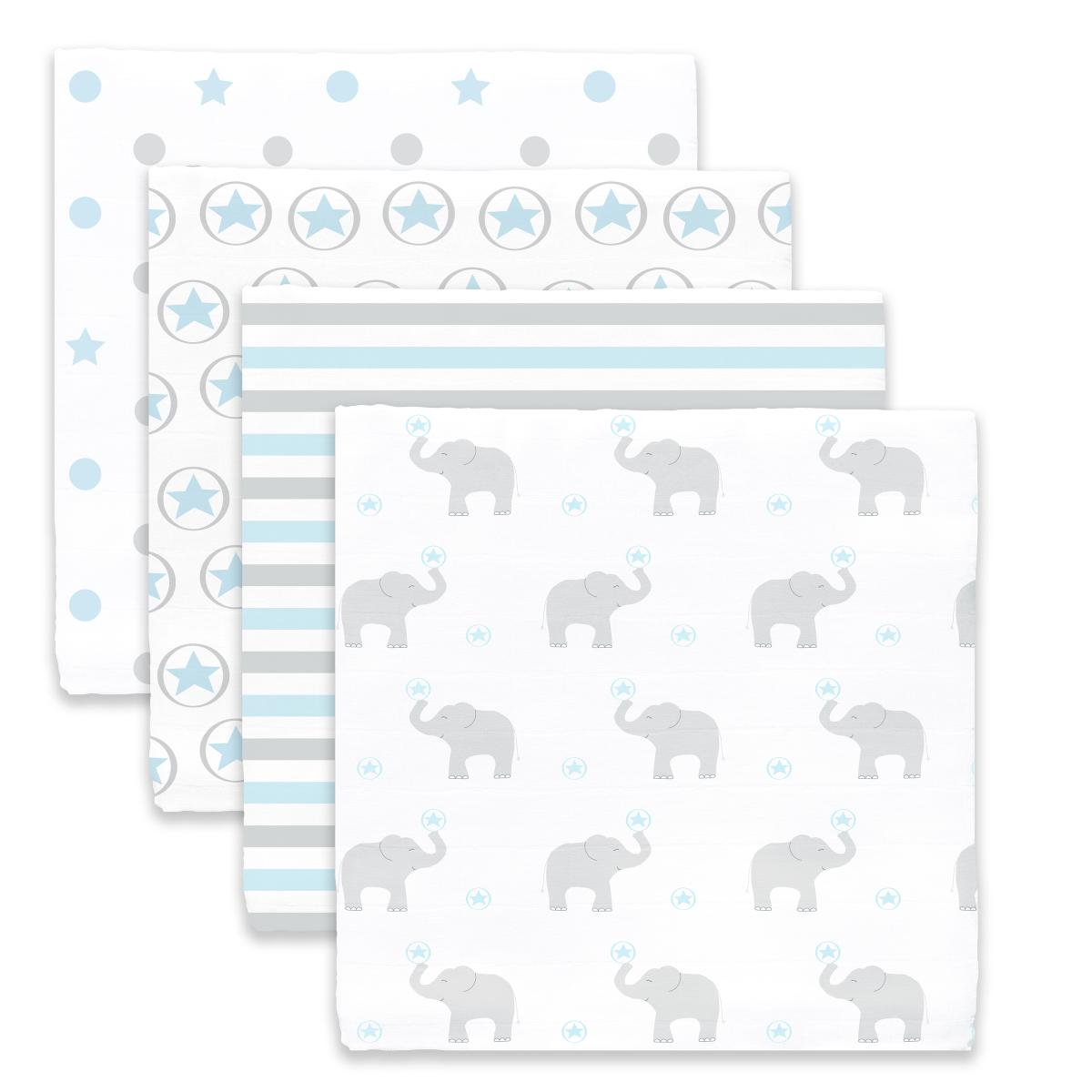 スワドルデザイン おくるみセット4枚組 ストライプ/エレファント/スター ＆ ドット/スター (パステルブルー)