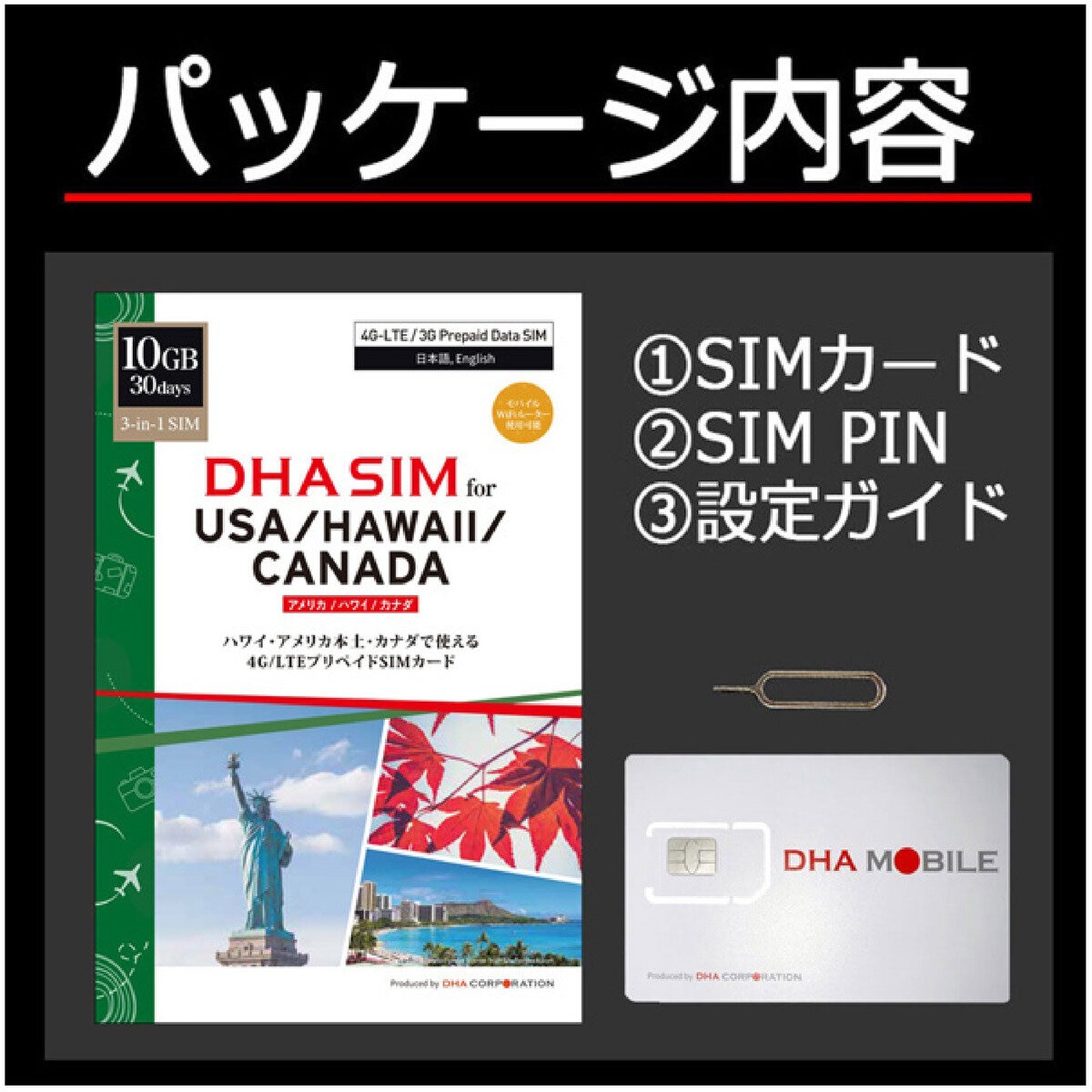 DHA SIM アメリカ/ハワイ/カナダ 10GB/30日/DHA-SIM-179