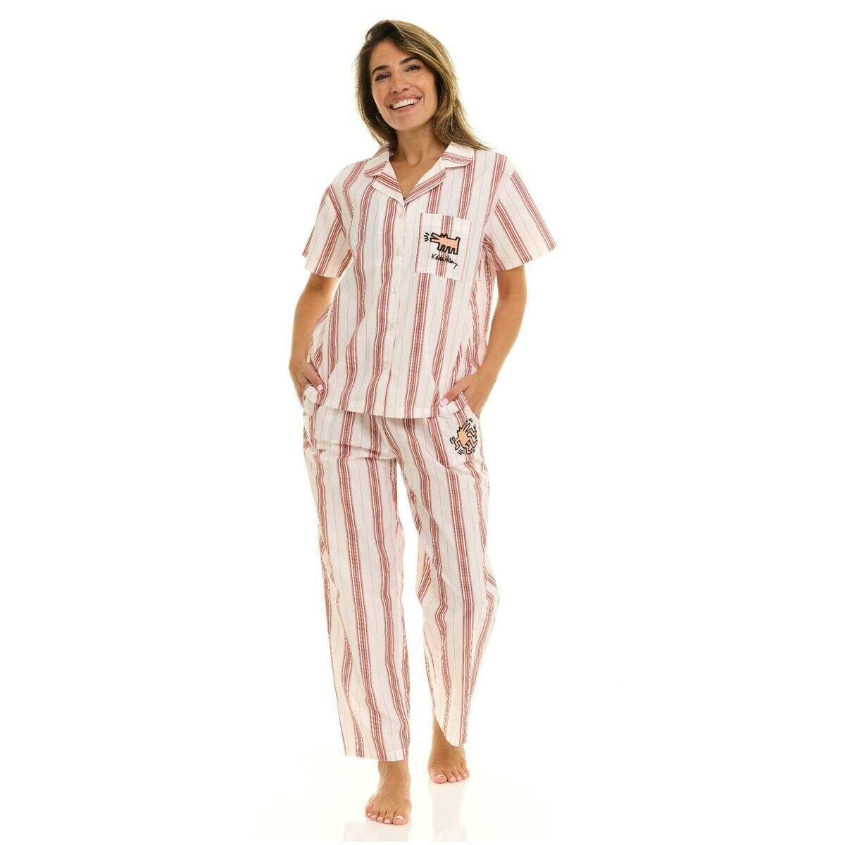 キース へリング レディース パジャマ アイボリー マルチ ストライプ XL