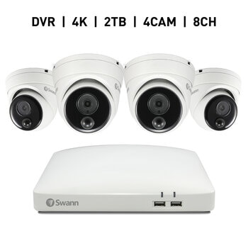 Swann 8CH 4K DVRシステム 2TB 警告ライト ドーム型 カメラ4台