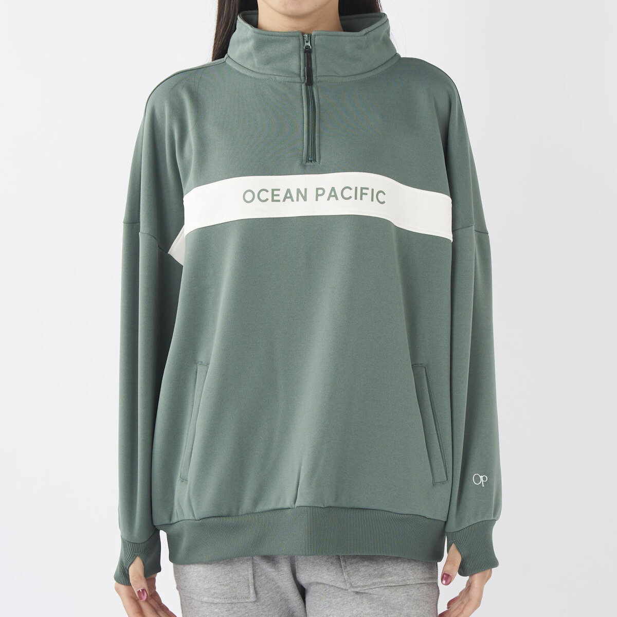 オーシャンパシフィック レディース ハーフジップ スウェットシャツ カーキ L