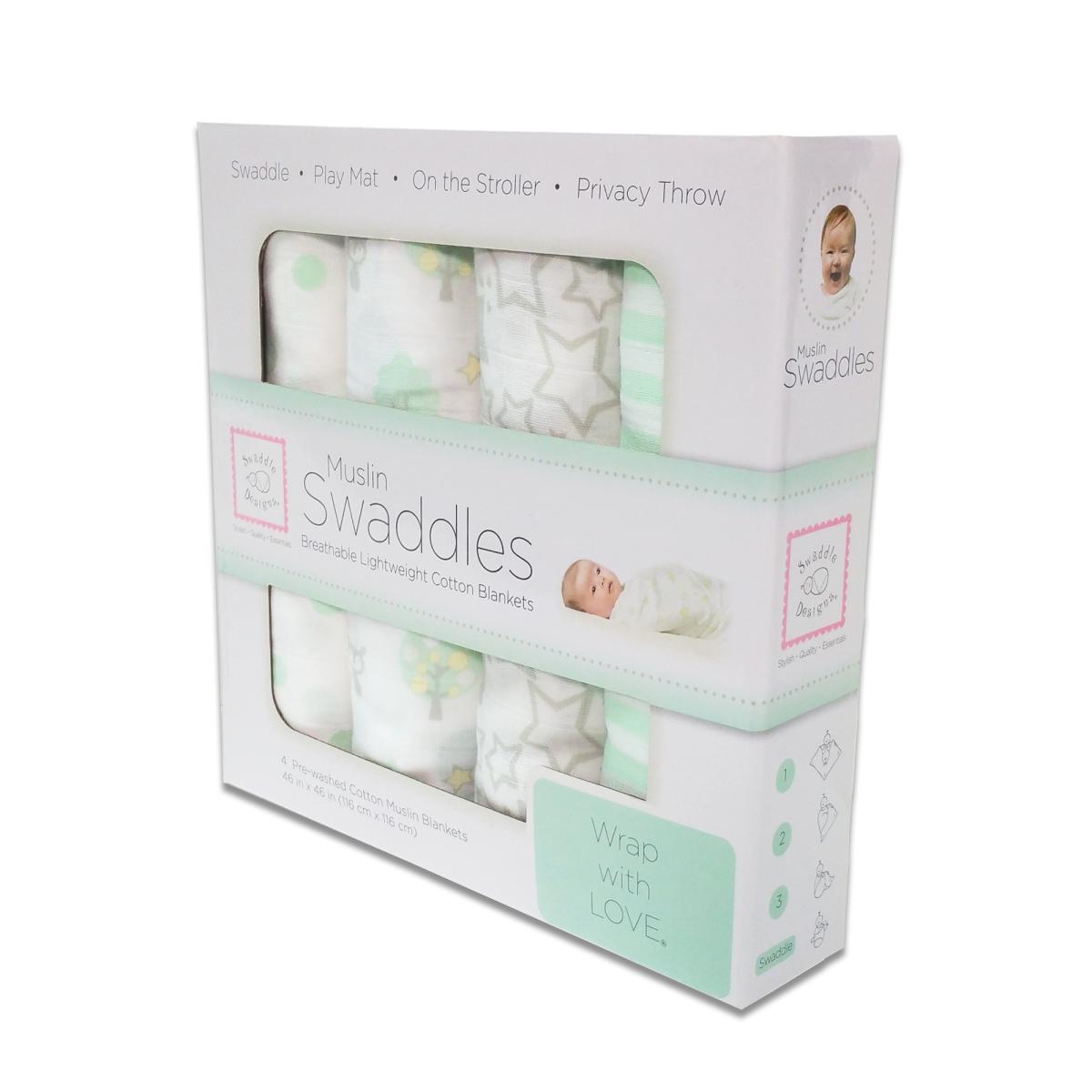 スワドルデザイン おくるみセット4枚組 ドット/ウッドランド/スター/ストライプ（パステルグリーン)