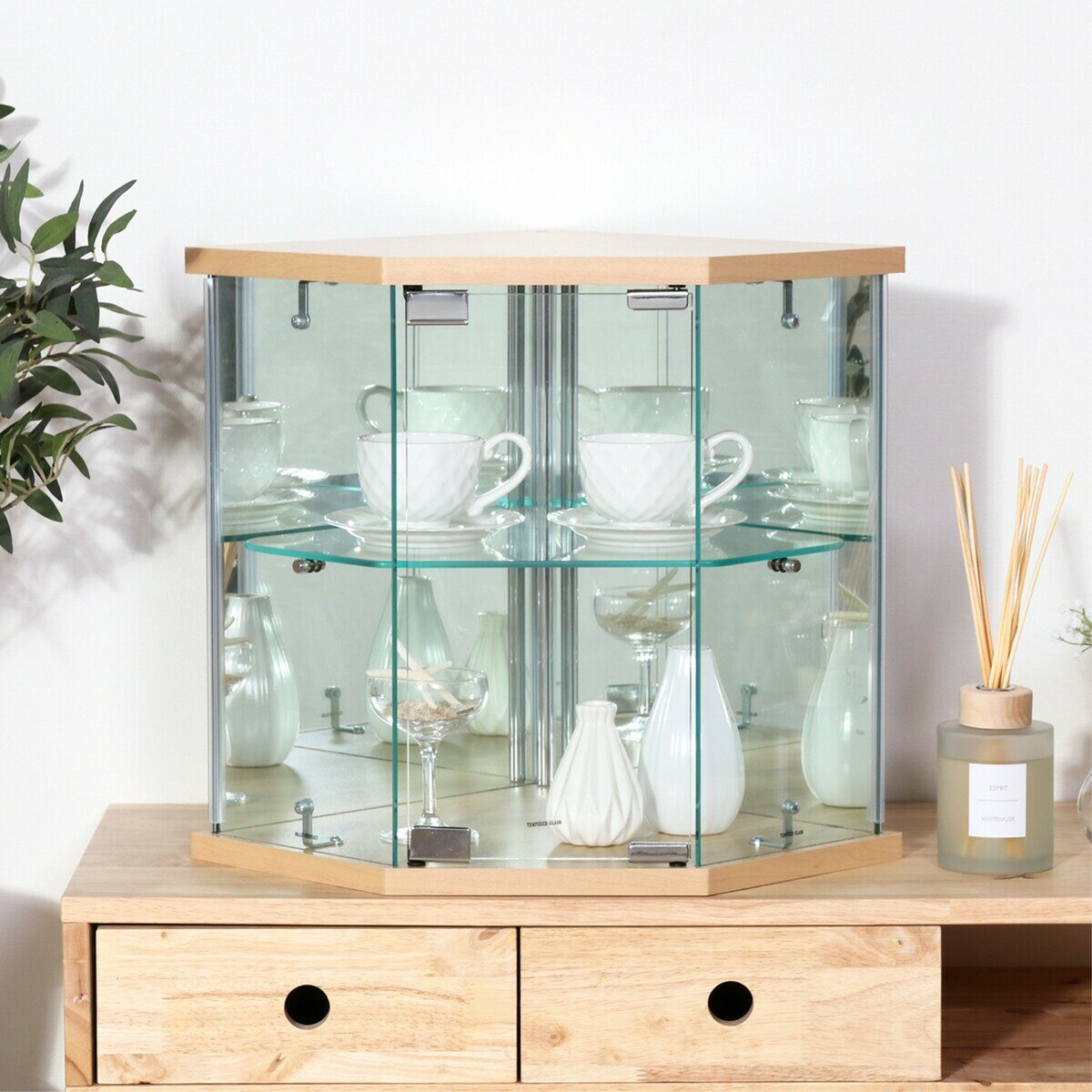 卓上ガラスコレクションケース コーナー ナチュラル