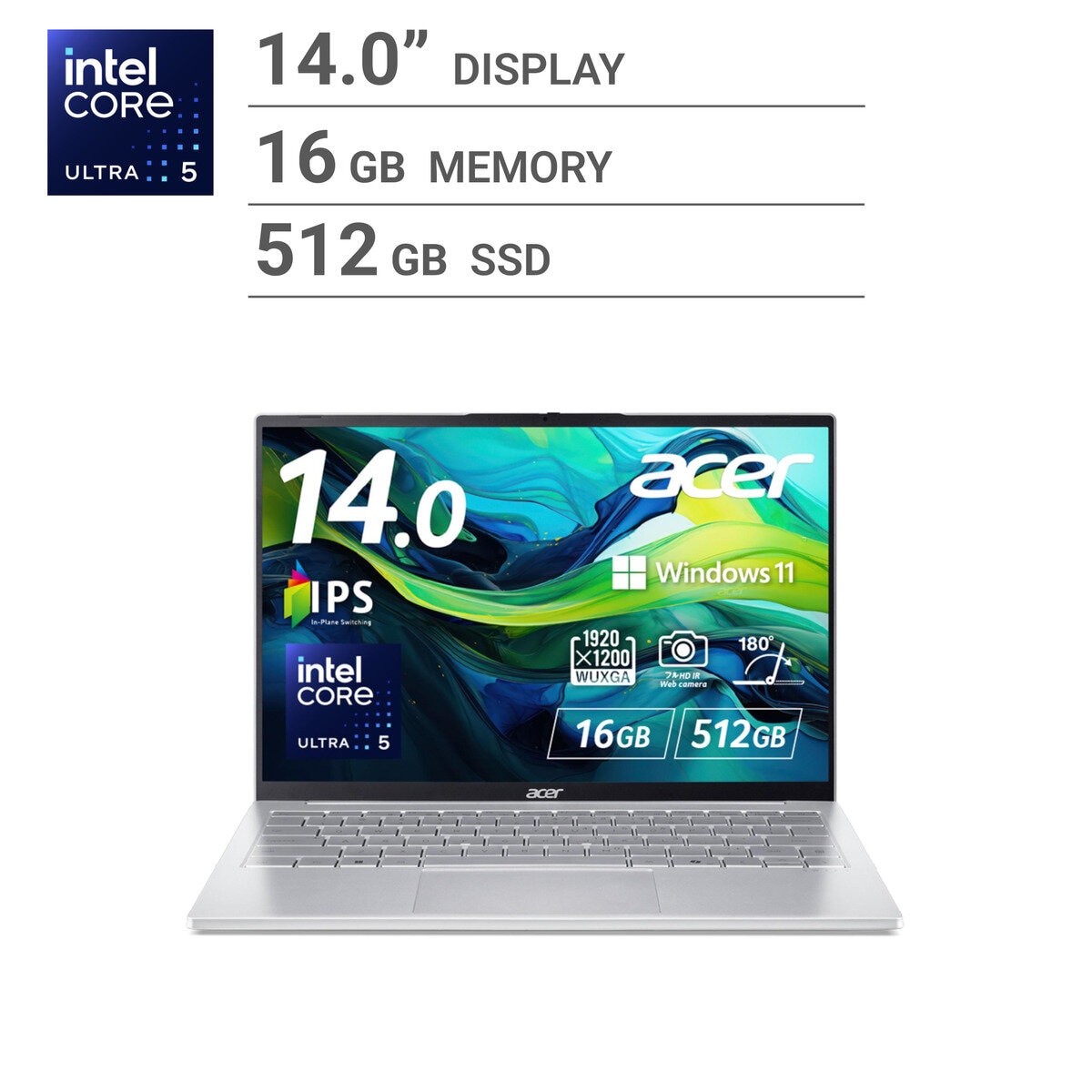 ACER ノートPC/Swift Lite/14.0インチ/Core Ultra5 115U/メモリ 16GB/SSD 512GB/ライトシルバー/SFL14-54M-H56Y