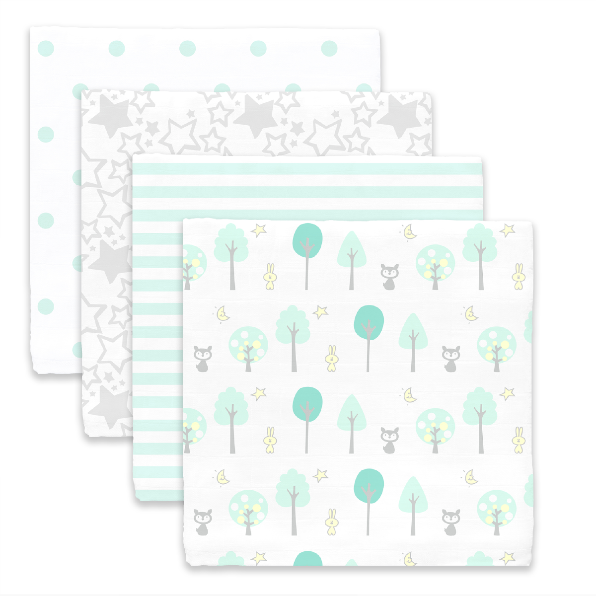 スワドルデザイン おくるみセット4枚組 ドット/ウッドランド/スター/ストライプ（パステルグリーン)