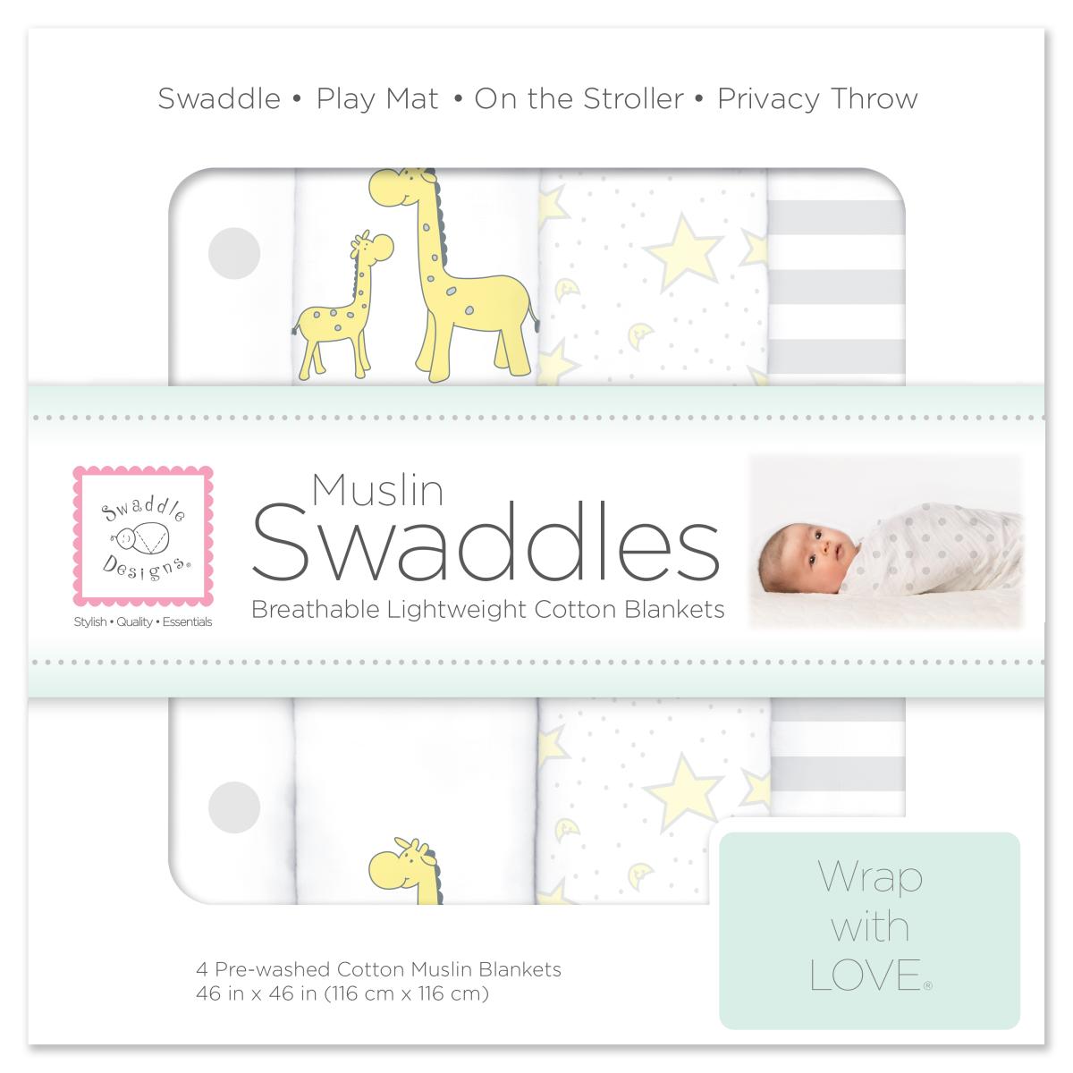 スワドルデザイン おくるみセット4枚組 ドット/ジラフ/スター ＆ ムーン/ストライプ (パステルイエロー)