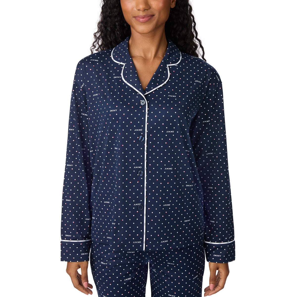 DKNY レディース ノッチカラー長袖パジャマ ネイビードット M