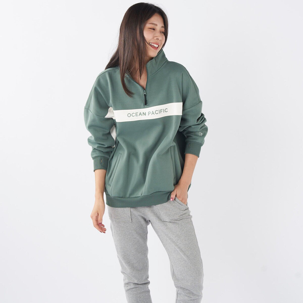 オーシャンパシフィック レディース ハーフジップ スウェットシャツ カーキ L