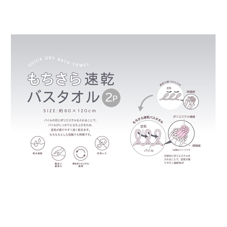 もちさら 速乾バスタオル 60cm x 120cm 2枚セット