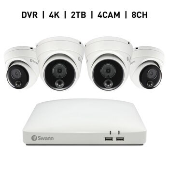 SWANN 8CH 4K DVRシステム 2TB 警告ライト ドーム型 カメラ4個