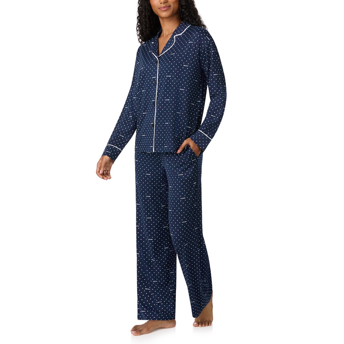 DKNY レディース ノッチカラー長袖パジャマ ネイビードット L
