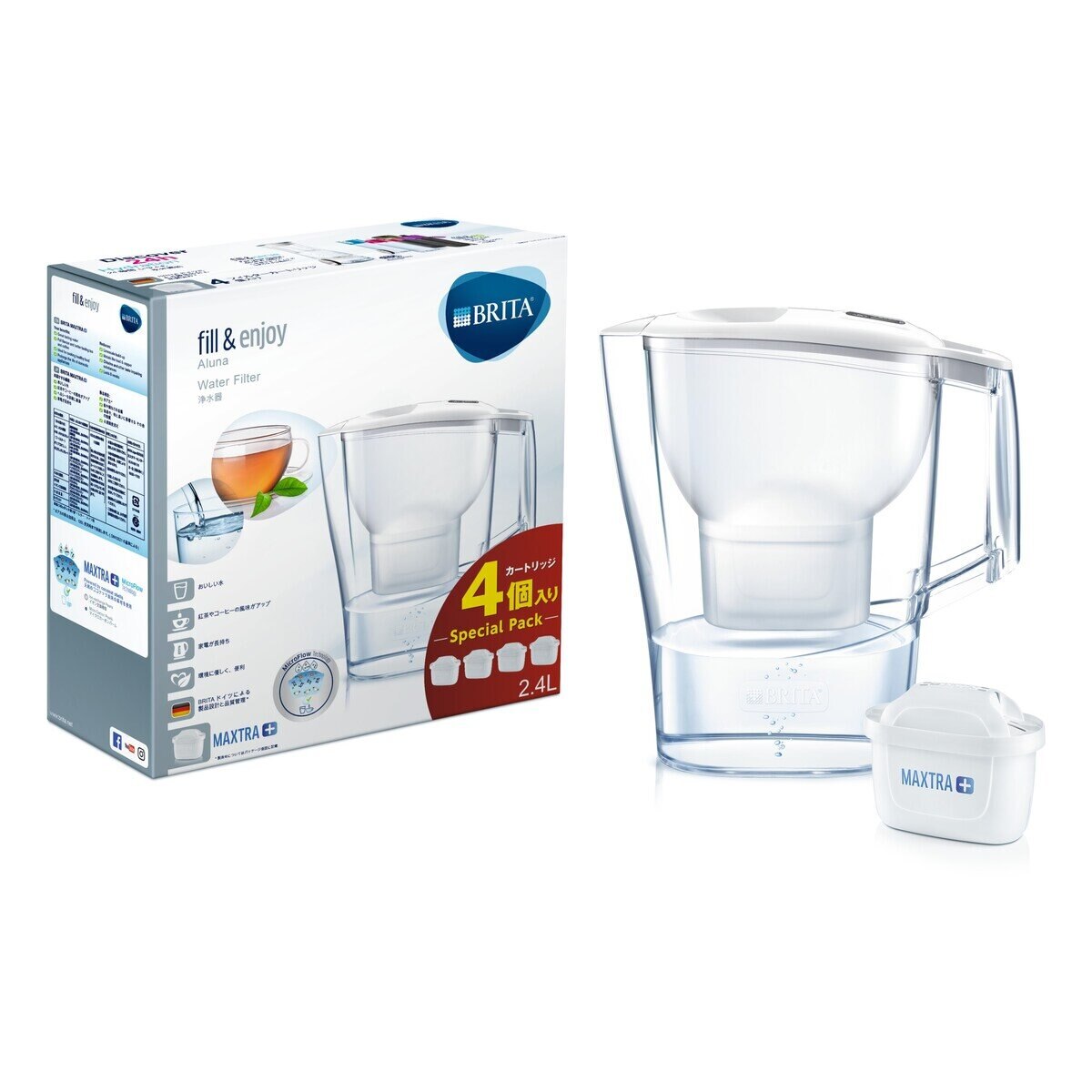 ブリタ ポット型浄水器 アルーナCOOL カートリッジ4個付き×2個セット 浄水部容量1.4L（全容量2.4L）
