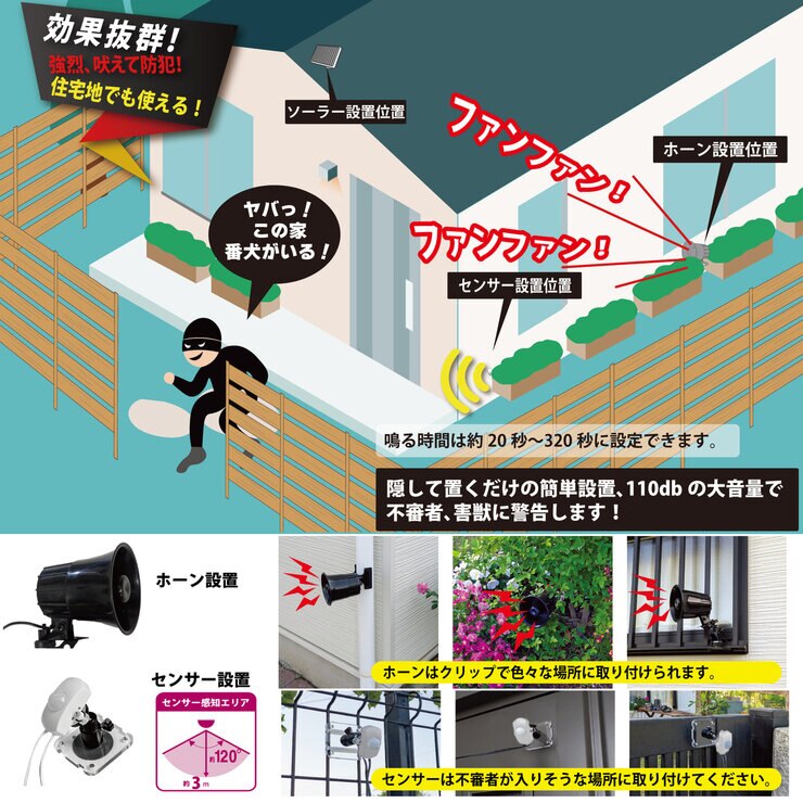 MTO サイレン 24時間センサー付ソーラー電源タイプ＆3mケーブル2本追加