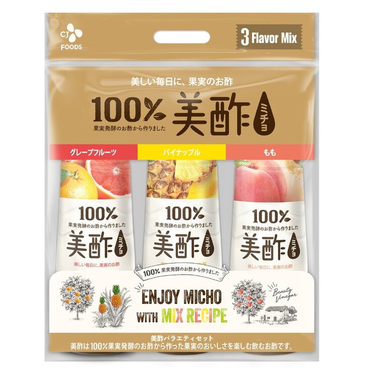 美酢 (ミチョ) アソートセット 900ml x 3本 グレープフルーツ/パイナップル/もも 美酢 (ミチョ) アソートセット 900ml x 3本 グレープフルーツ/パイナップル/もも