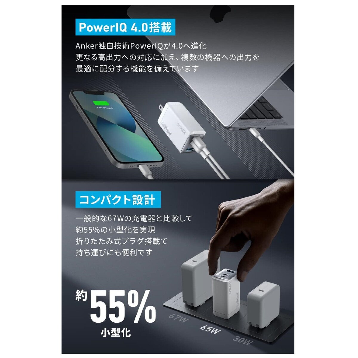 Anker（アンカー）735 GaNPrime 急速充電器 3ポート 最大出力65W ホワイト A2668N21