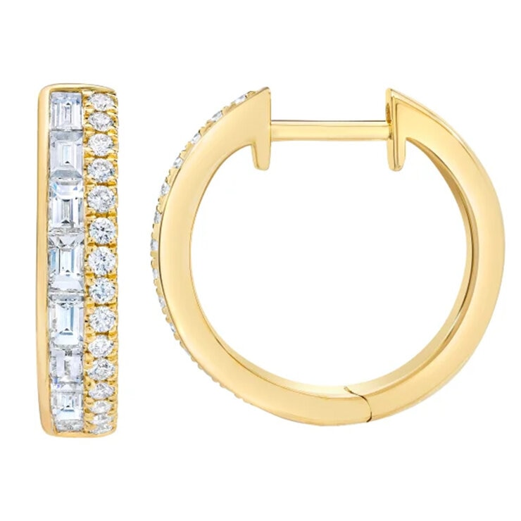 14K Yellow Gold 0.80CT Round / Baguette Diamond Hoop Earrings
