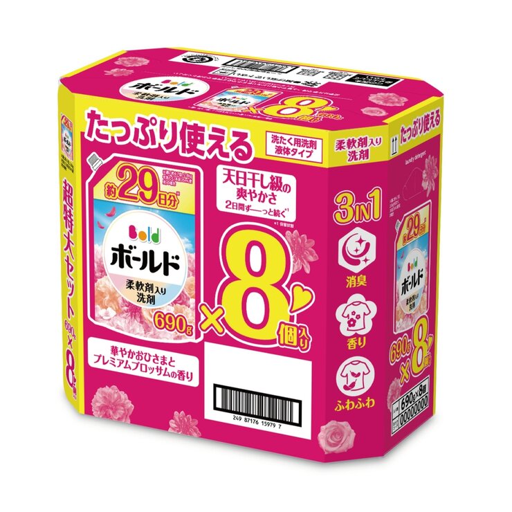 ボールド 柔軟剤入り 洗濯洗剤 液体 華やかおひさまとプレミアムブロッサムの香り 詰め替え 690g x 8個入り ボールド 柔軟剤入り 洗濯洗剤 液体 華やかおひさまとプレミアムブロッサムの香り 詰め替え 690g x 8個入り