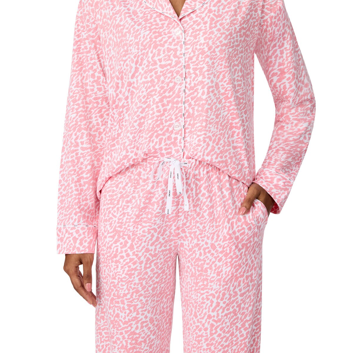 DKNY レディース ノッチカラー長袖パジャマ ライトピンクストライプ S