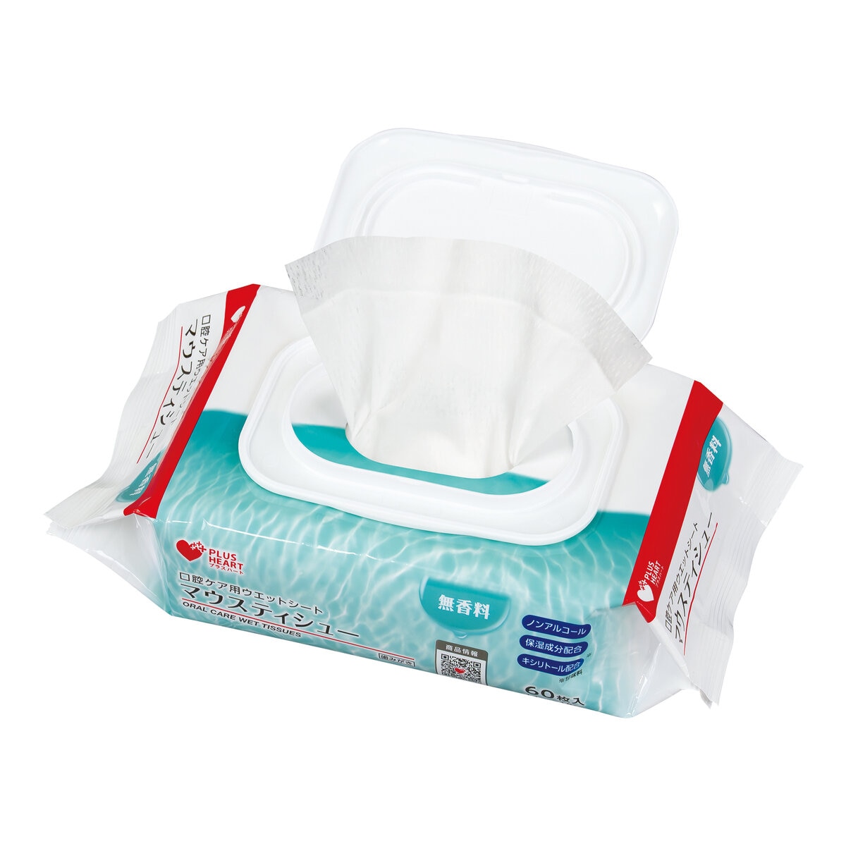 プラスハート 口腔ケア用ウエットシート マウスティシュー 無香料 60枚入 日本製 ノンアルコール フタ付き