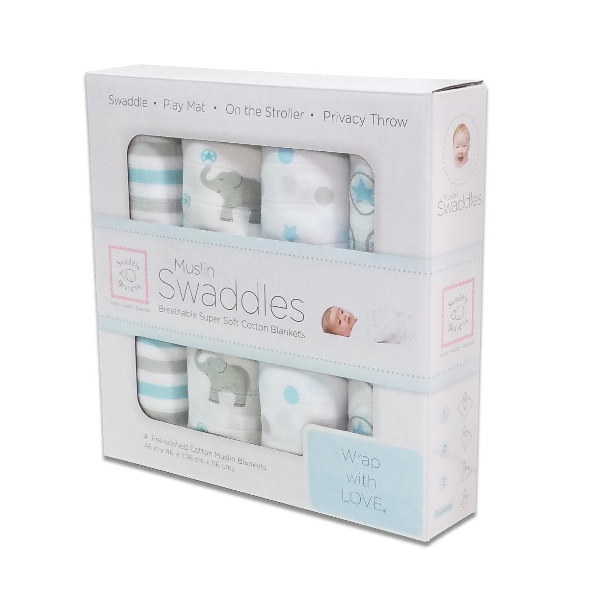 スワドルデザイン おくるみセット4枚組 ストライプ/エレファント/スター ＆ ドット/スター (パステルブルー)
