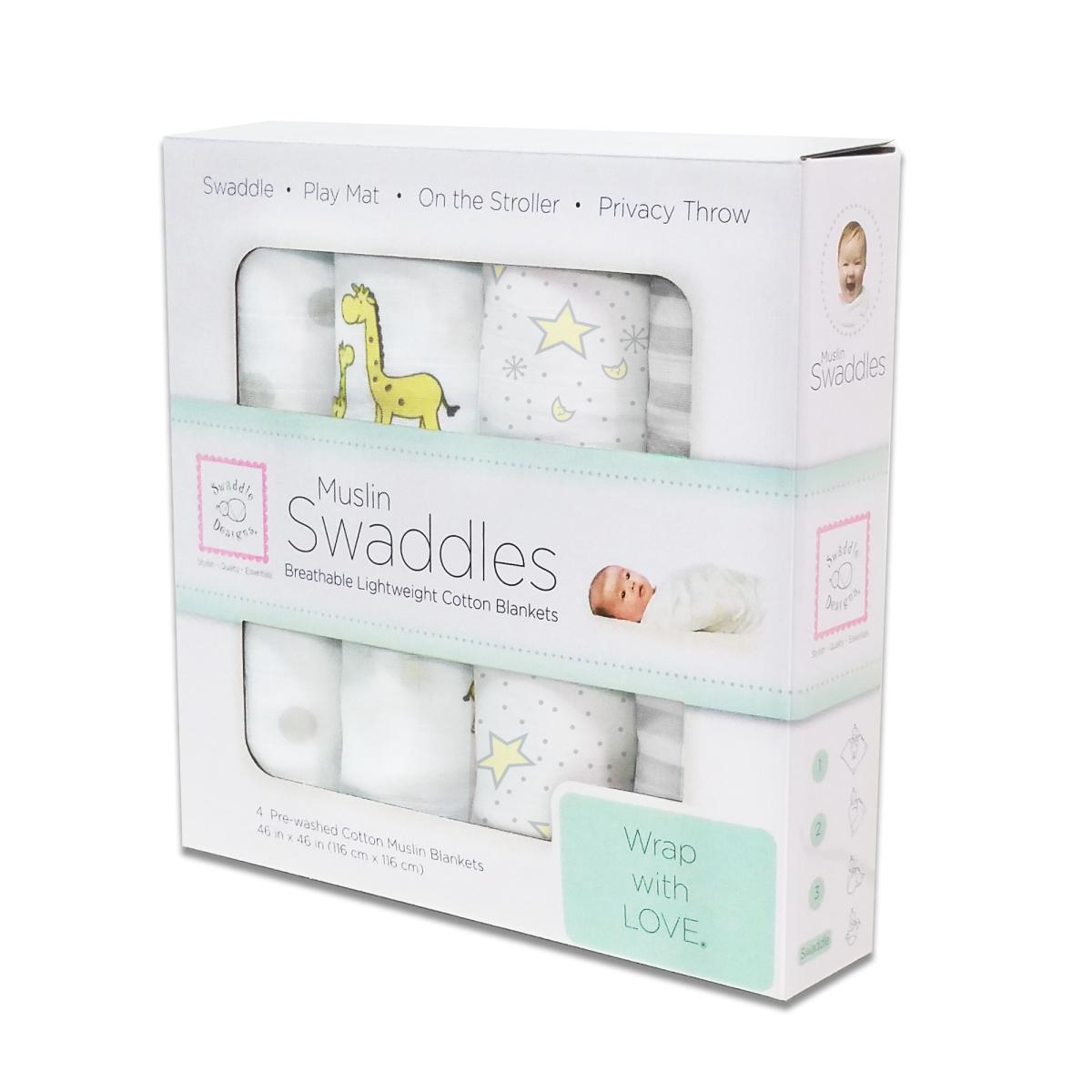 スワドルデザイン おくるみセット4枚組 ドット/ジラフ/スター ＆ ムーン/ストライプ (パステルイエロー)