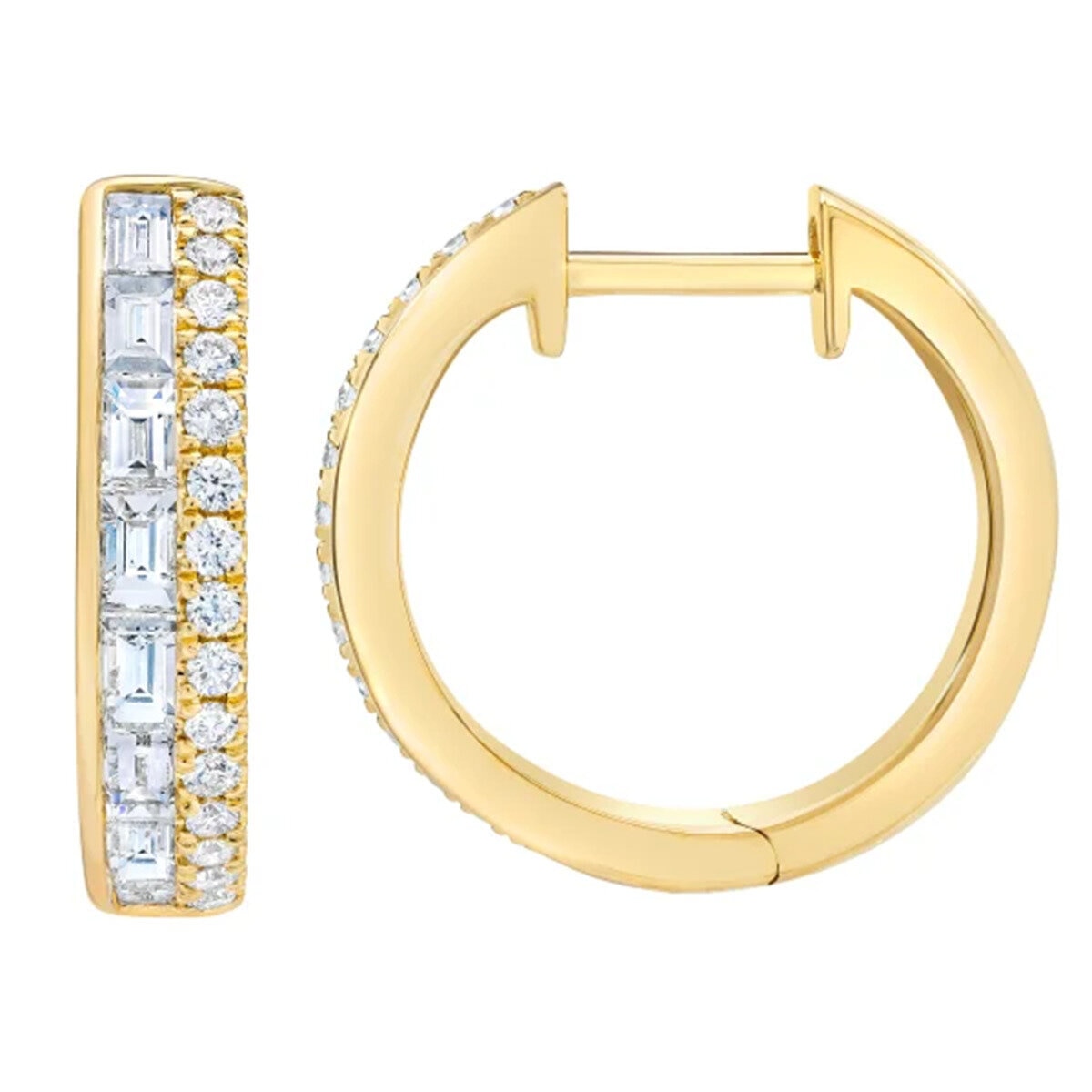 14K イエローゴールド 0.80カラット ラウンド & バゲット ダイヤモンド フープ イヤリング
