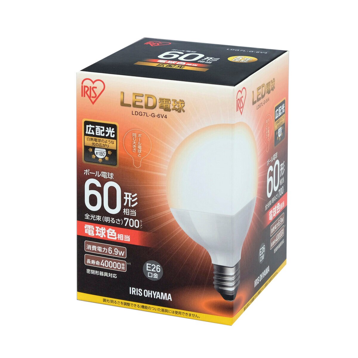 アイリスオーヤマ LEDボール球 E26 60型相当 電球色 LDG7L-G-6V4