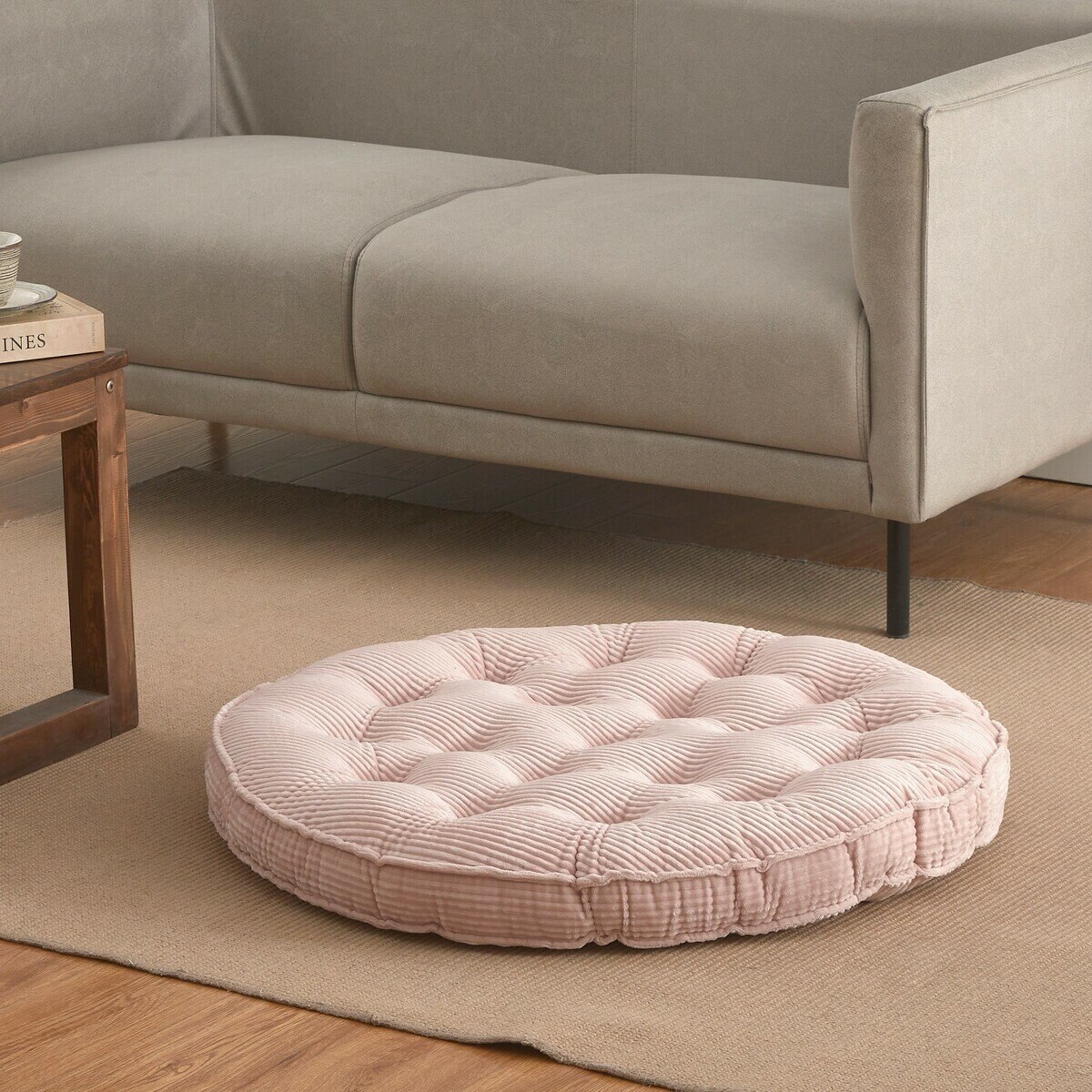 コーデュロイ フロアクッション 76cm x 76cm　ローズスモーク