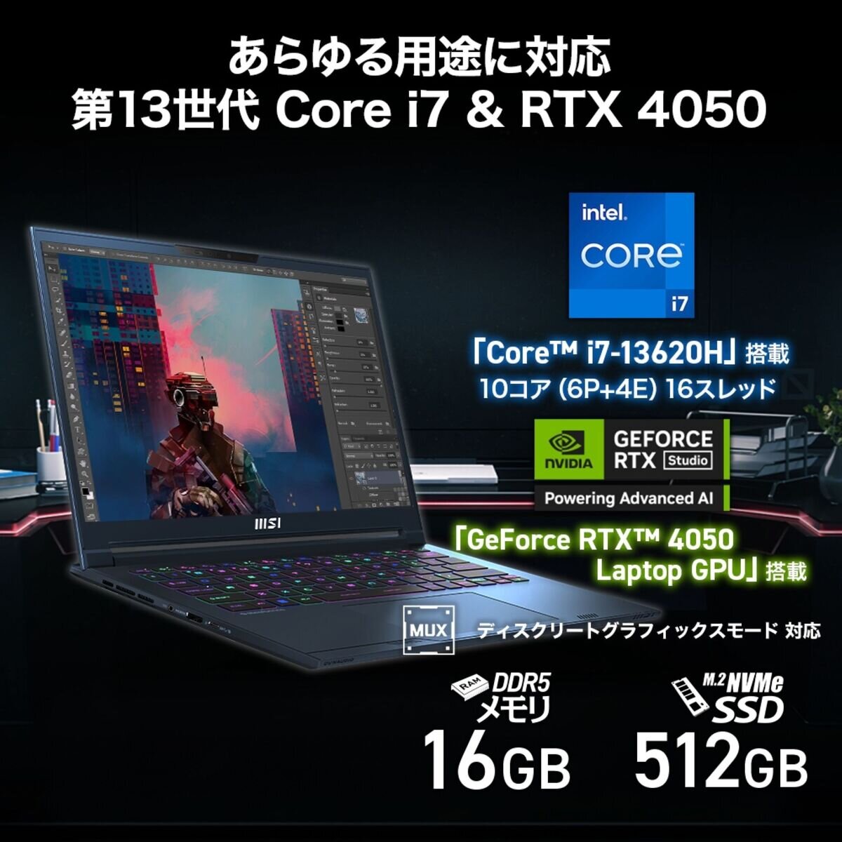 MSI ゲーミングノートPC/Stealth/14.0インチ/intel Core i7/メモリ16GB/SSD 512GB/ブルー/Stealth 14Studio A13VE-1717JP