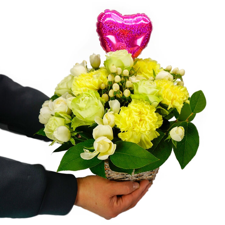 ハートバルーンアレンジメント ホワイトイエロー