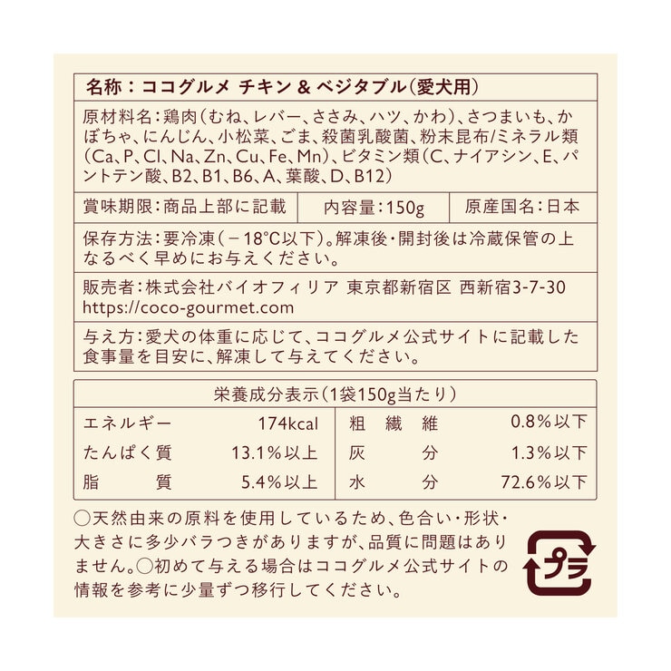 【冷凍】ココグルメ チキン 150g x 8パック 愛犬用
